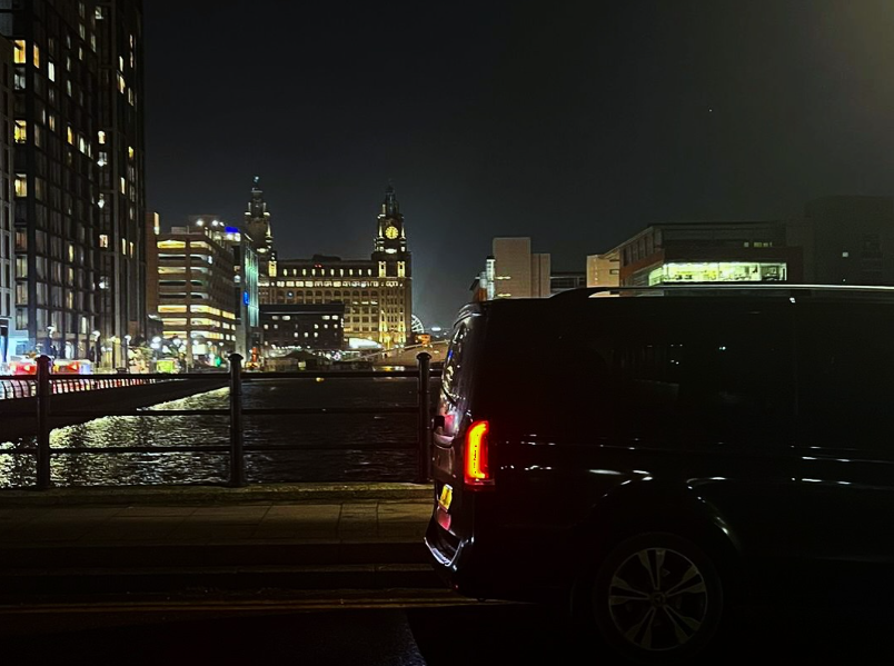 High angle view of a Mercedes S-Class against the backdrop of Liverpool's waterfront