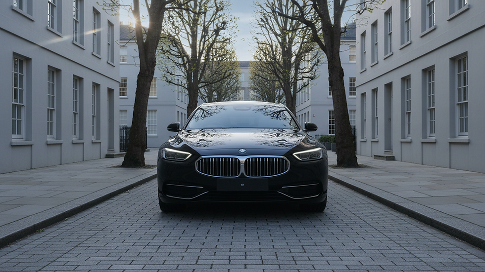 Eye-level view of a sleek black luxury car parked on a Cheshire street