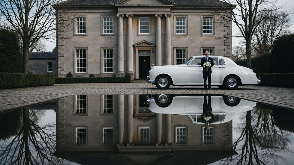Eye-level view of a classic white vintage wedding car parked outside a country house