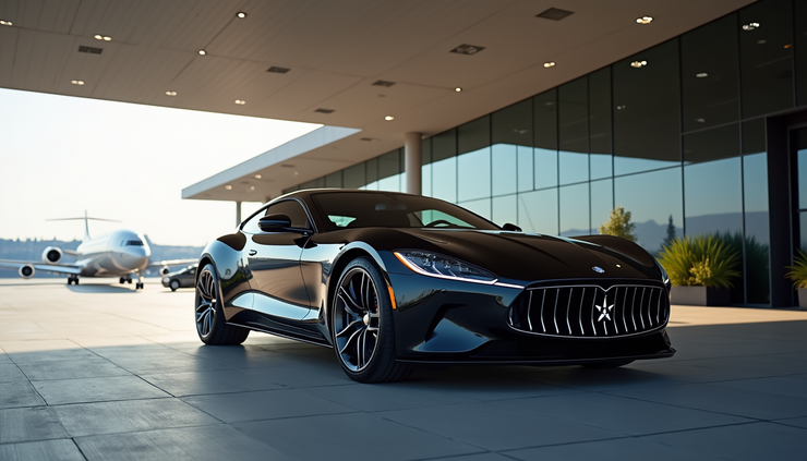 Eye-level view of a sleek black luxury car parked outside a private airport terminal entrance