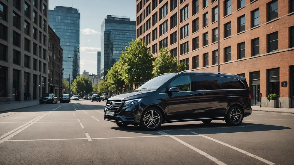 Eye-level view of a sleek Mercedes EQV parked against an urban backdrop
