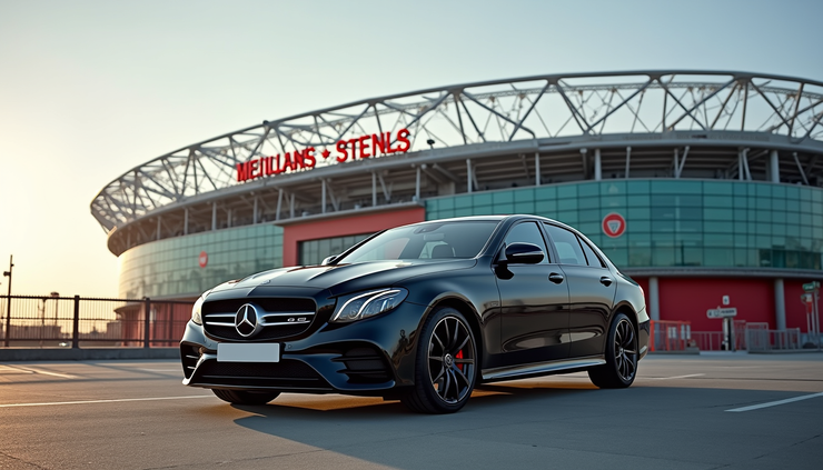 Eye-level view of a luxury Mercedes parked outside Anfield stadium