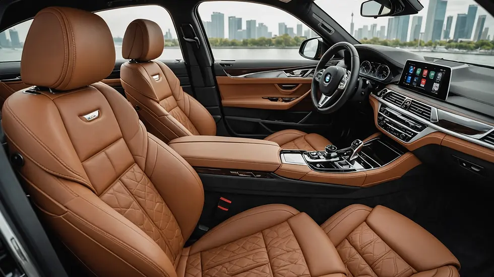 Close-up view of the luxurious interior of a BMW 7 Series, with plush seating and state-of-the-art amenities.