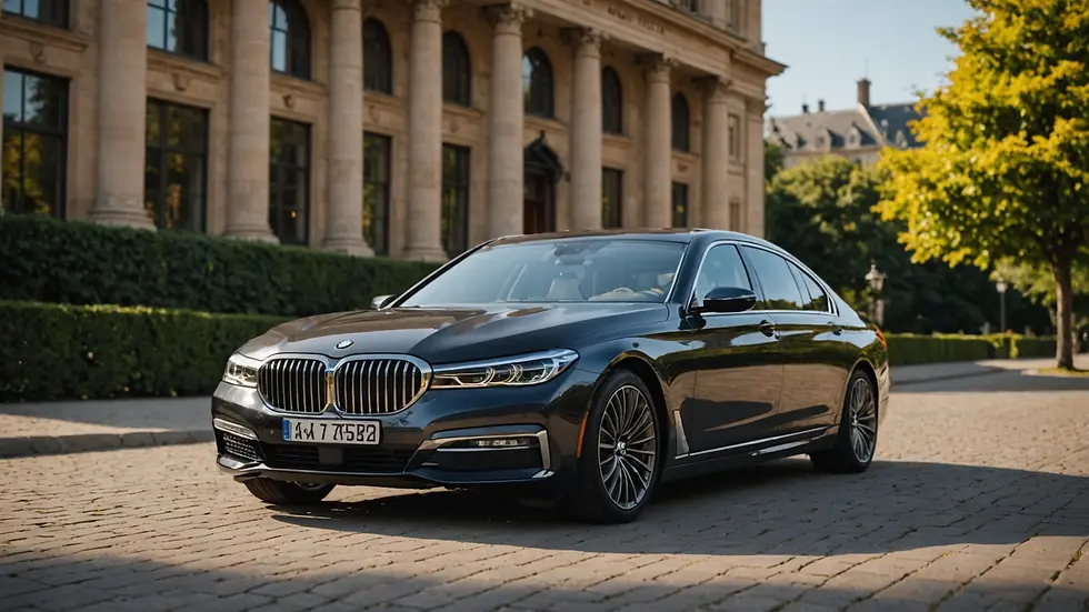 Close-up view of a BMW 7 Series parked in a luxurious setting