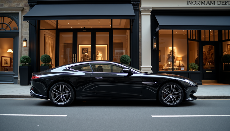 Eye-level view of a sleek black luxury car parked outside a high-end boutique in Bond Street