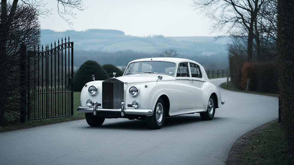 Eye-level view of a classic white vintage wedding car parked on a country road