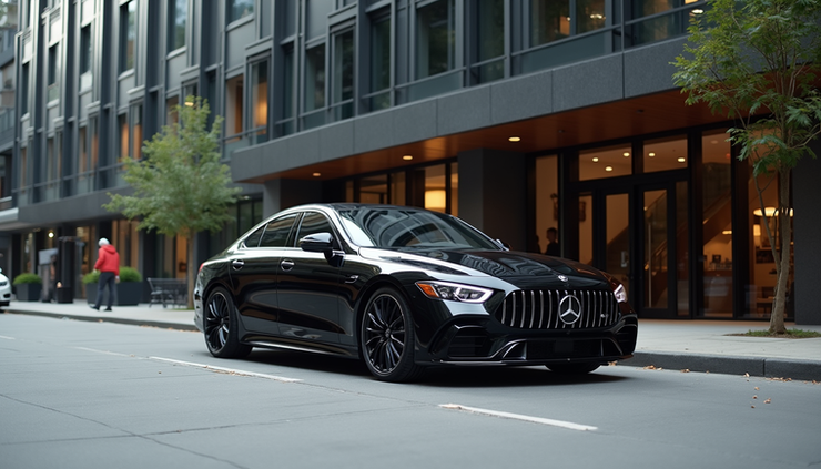 Eye-level view of a sleek black luxury car parked outside a modern office building