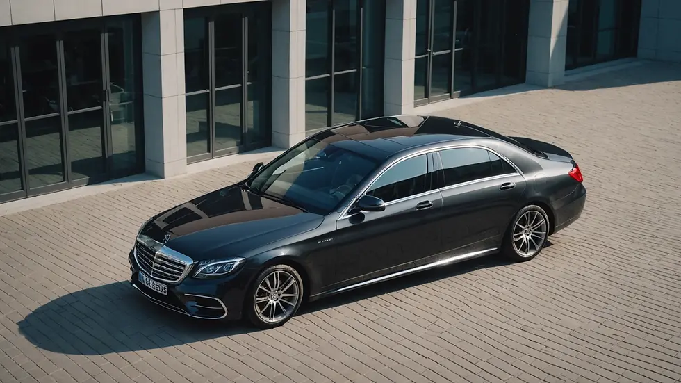 High angle view of a Mercedes S-Class parked in front of a modern building