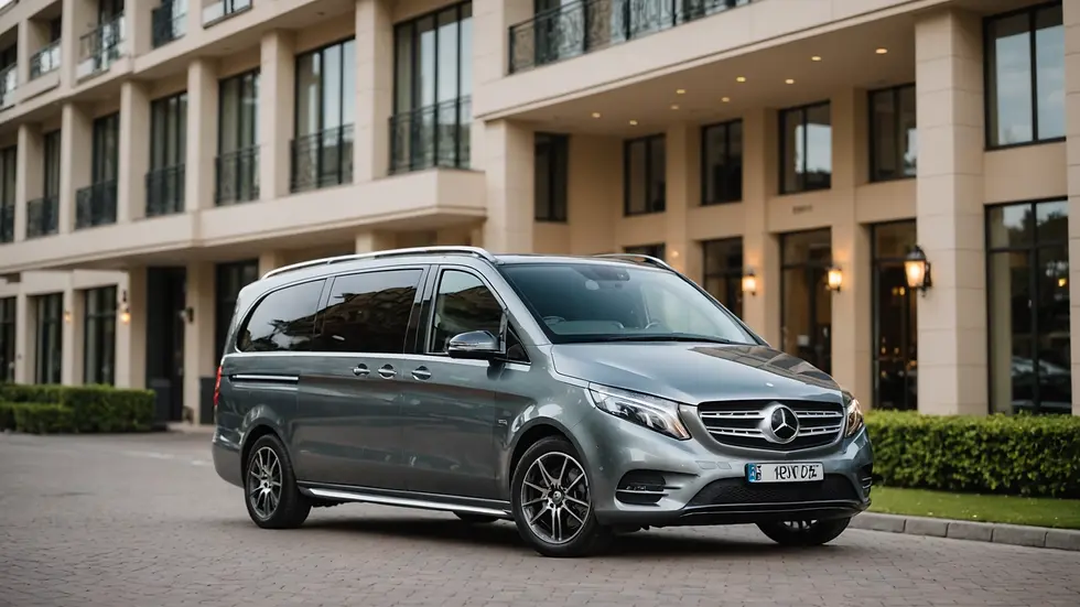 Eye-level view of a luxurious Mercedes V-Class parked in front of a hotel