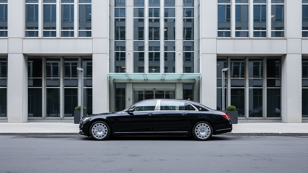 Eye-level view of a luxury black executive car parked outside a modern building