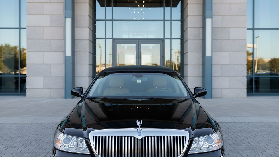 Close-up view of a luxury black limousine parked outside a wedding venue