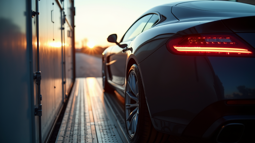 Close-up view of luxury car being loaded onto a transport trailer