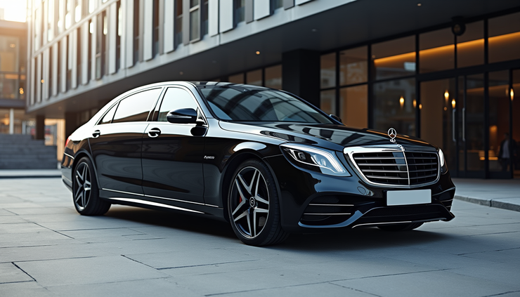 Eye-level view of a sleek black Mercedes E-Class parked outside a Liverpool office building