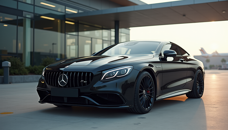 Eye-level view of a sleek black luxury car parked outside Liverpool John Lennon Airport terminal