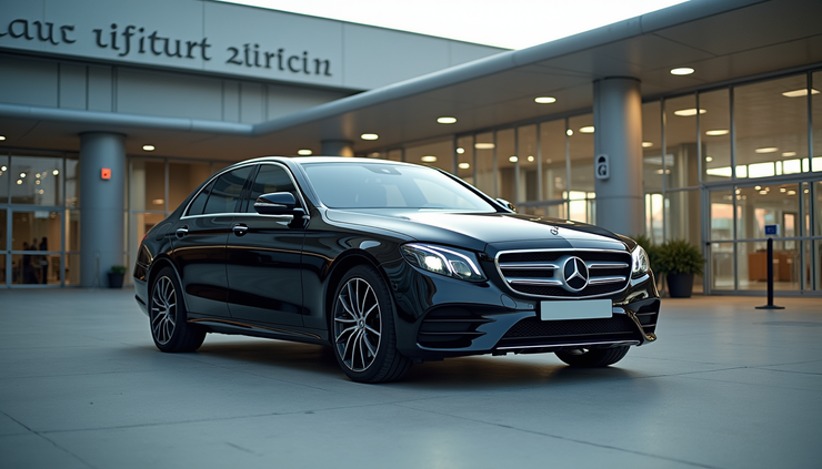 Eye-level view of a sleek black Mercedes E-Class parked outside Liverpool John Lennon Airport