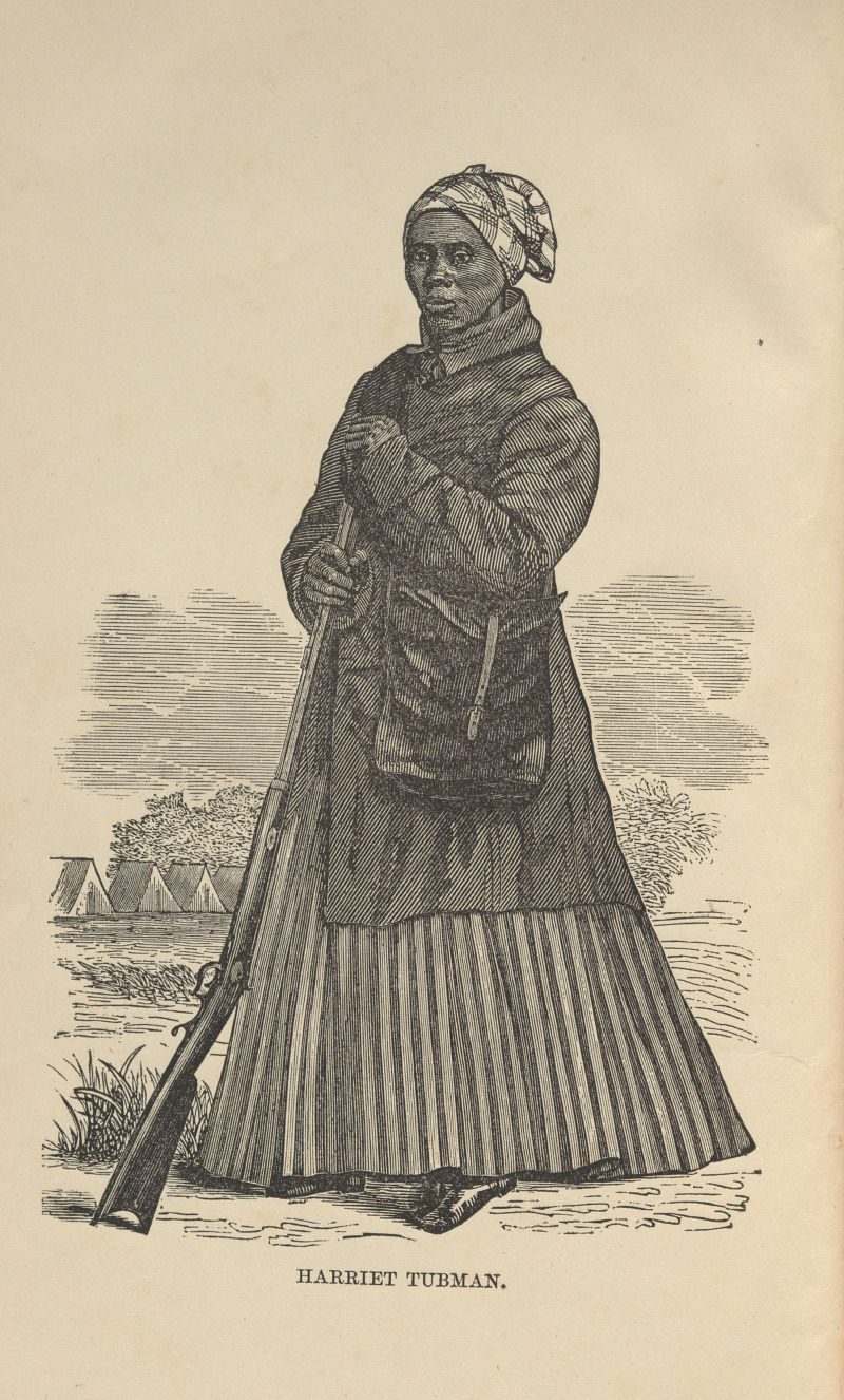 Engraved print of Harriet Tubman, an African American woman holding a firearm.