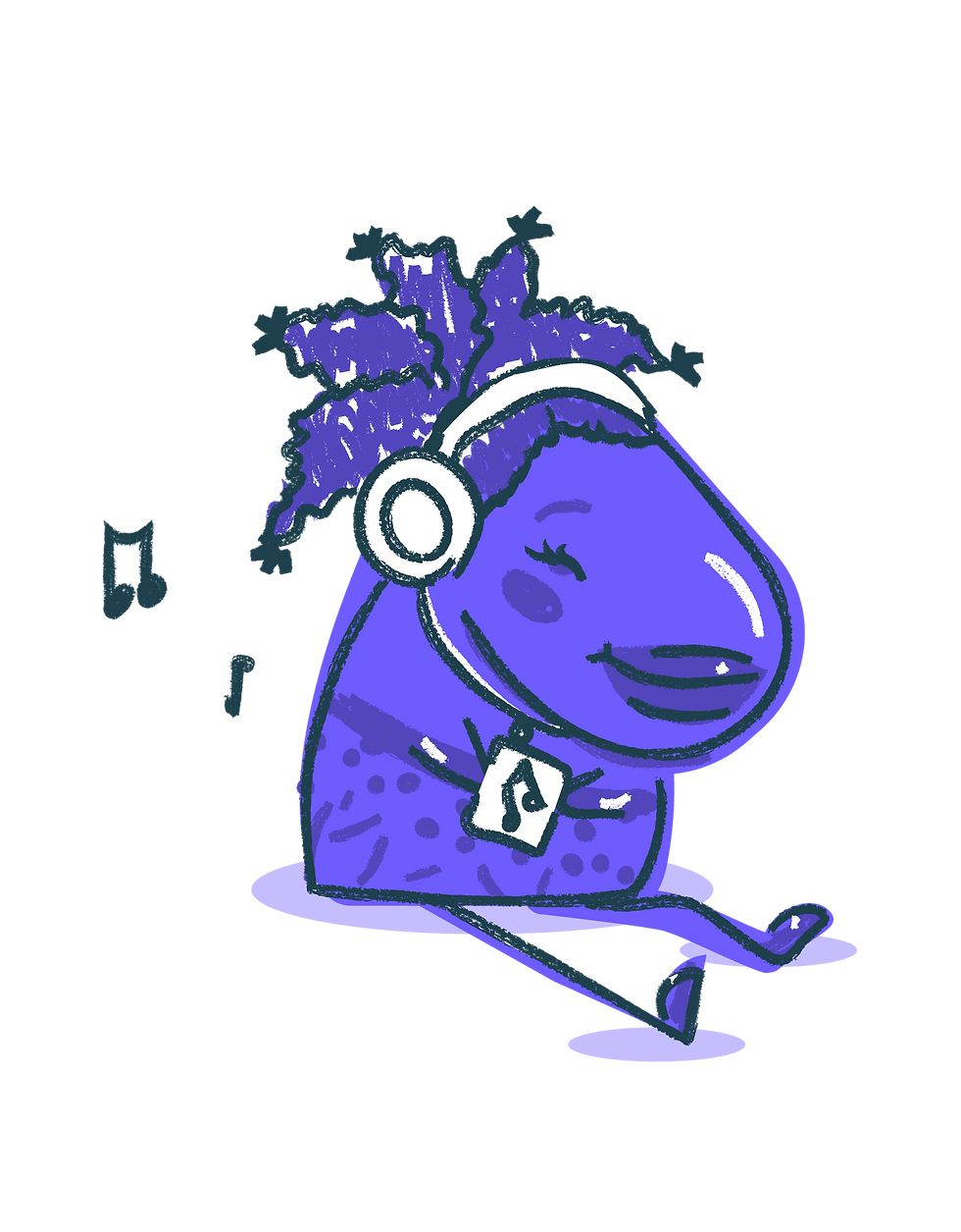 Dulica - Mascote infantil roxa ouvindo música com fone