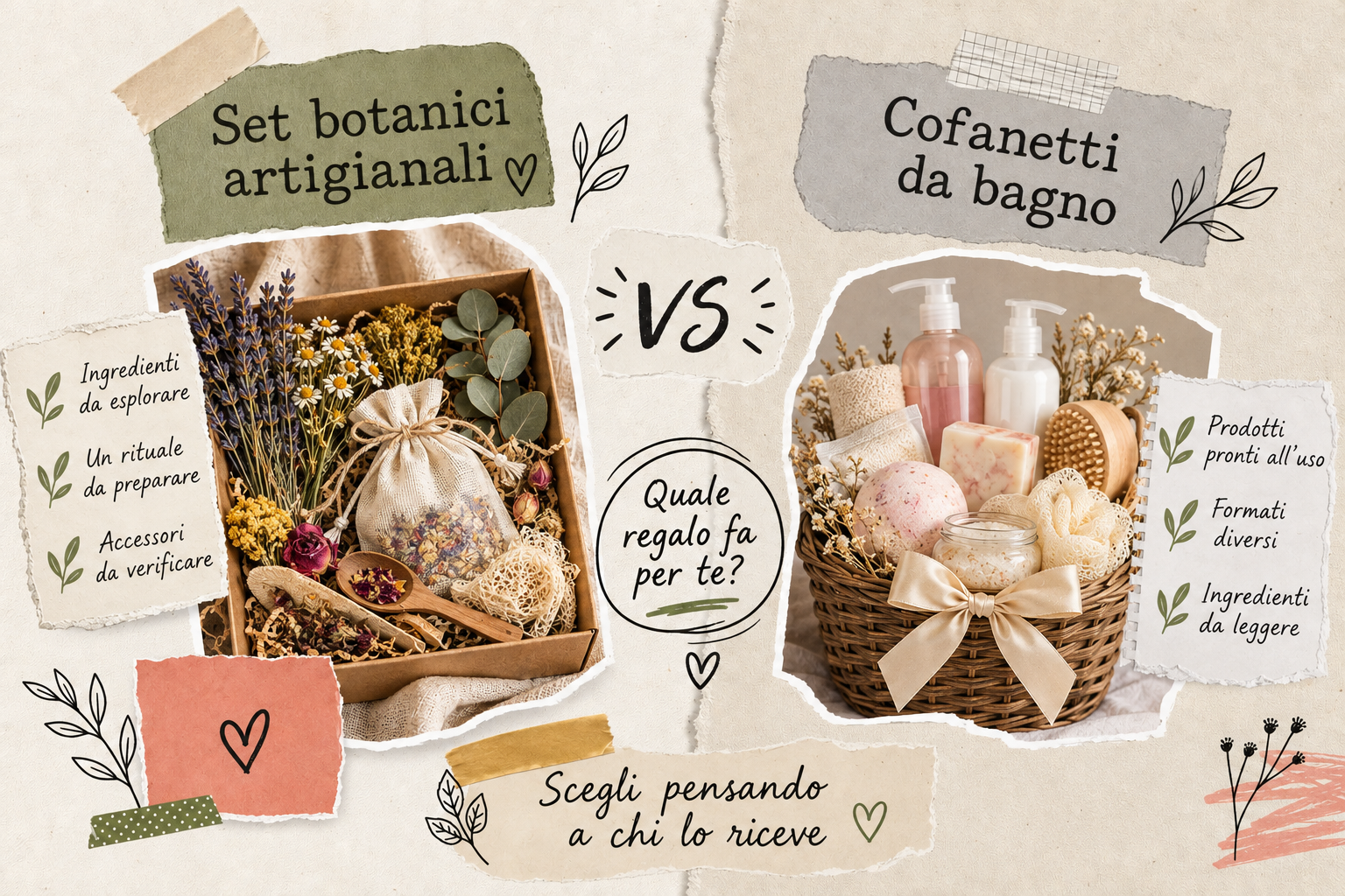 Collage in italiano: set botanici artigianali e cofanetti da bagno, con appunti per scegliere un regalo benessere.