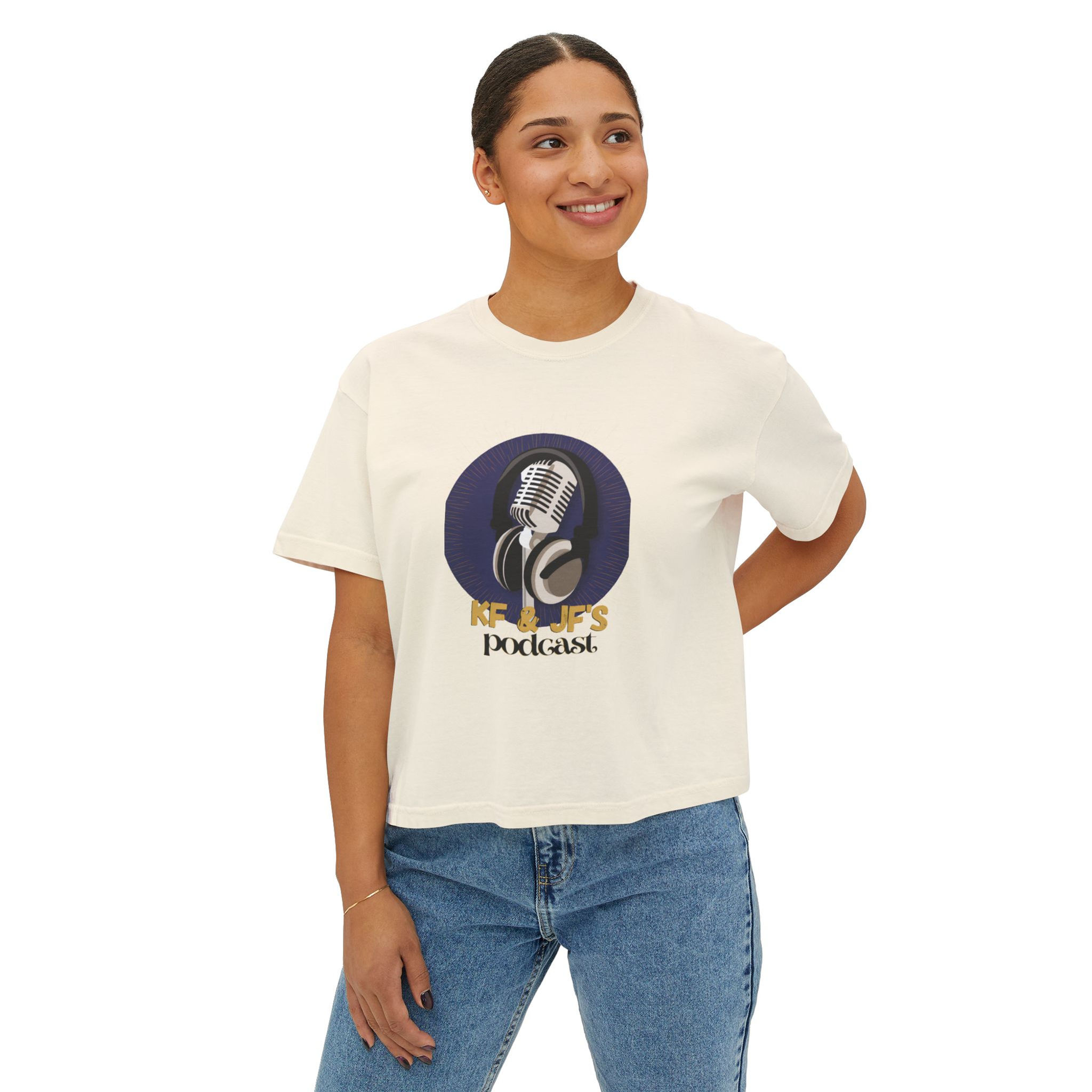 KF&JF'S PODCAST Microphone Podcast Women's Boxy Tee, Casual Shirt