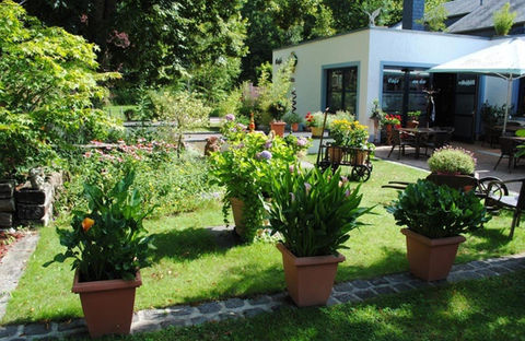 Vue extérieure sur un jardin paisible du restaurant.