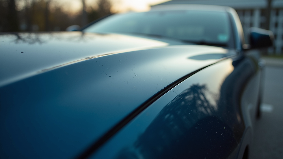 Close-up view of a car hood with shiny protected paint