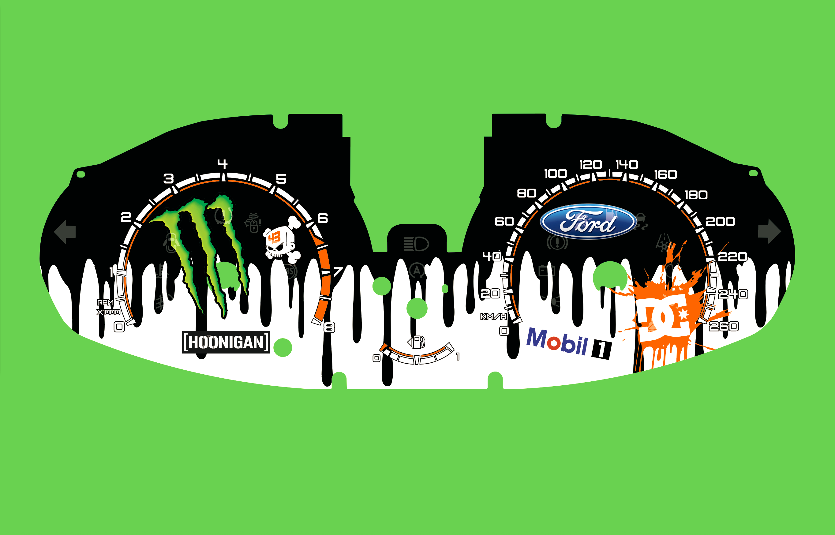 Ford Fiesta Mk7.5 ST180 KM/H Hoonigan Version 1 Ken Block Style Dial Cards