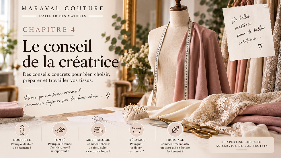 Couverture du Chapitre 4 de L’Atelier des Matières de Maraval Couture : Le conseil de la créatrice, avec mannequin de couture et différents tissus.