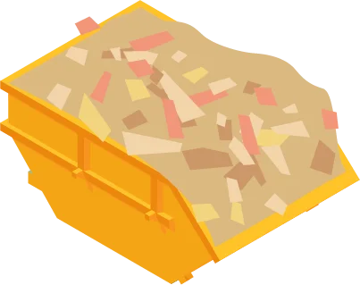 Orange Mulde, welche mit Müll gefüllt ist.