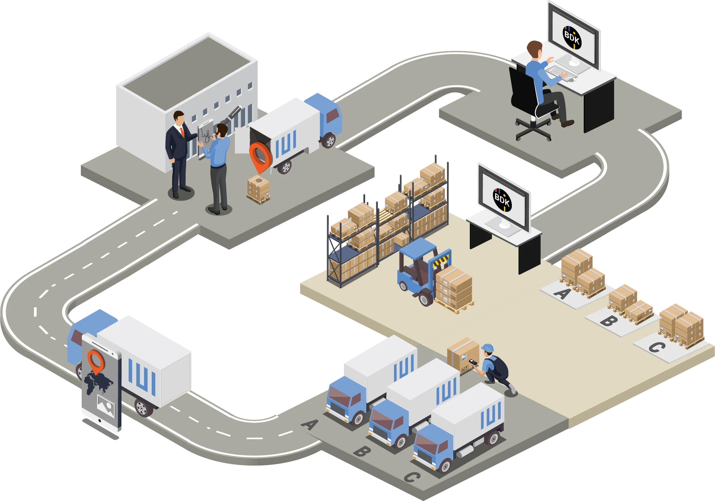 Infografik eines durchgängig digitalisierten Transportprozesses mit Computern, Gütern und blauen Lastwagen.