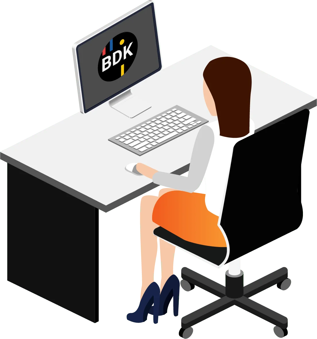 Frau an einem Schreibtisch mit Computer und BDK Software.