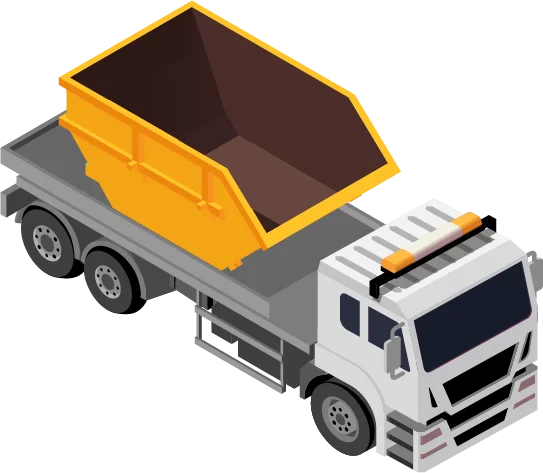 Lastwagen, welcher eine orange Mulde transportiert.