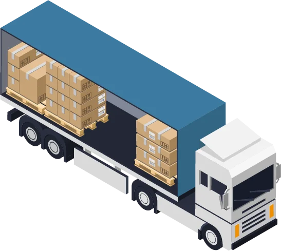 Isometrische Darstellung eines Lastwagens mit Packstücken als Ladung.