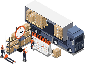 Darstellung eines Lastwagens sowie Lagerregale mit eienr roten Uhr und einem Kalender, welcher der tranCargo Feiertagskalender symbolisiert.