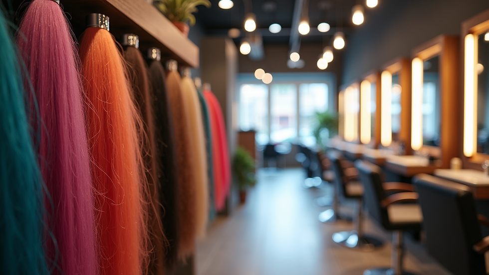 High angle view of a hair salon interior with colorful hair extensions displayed