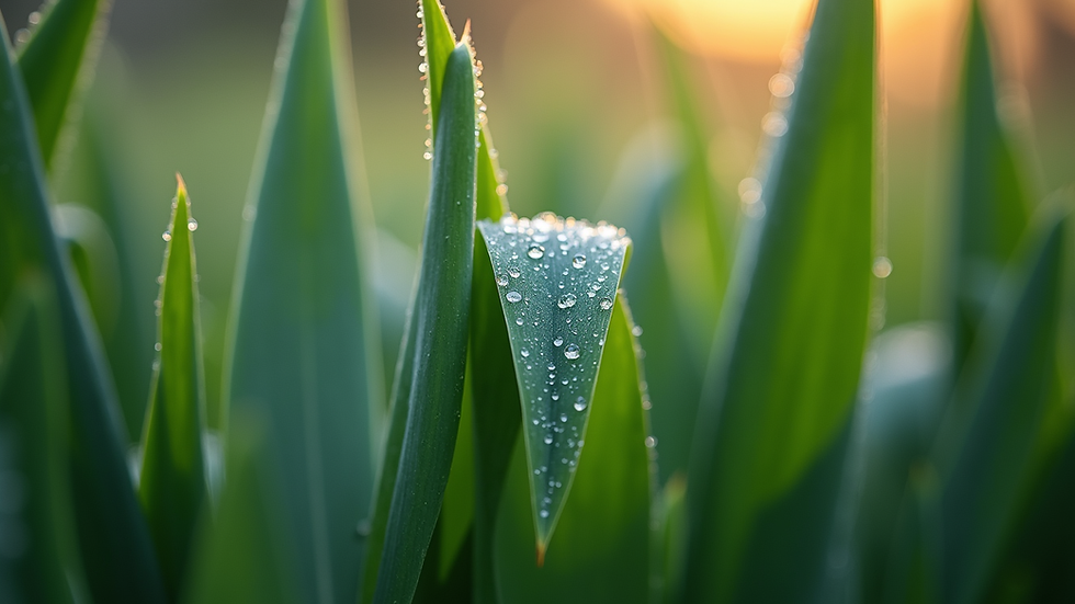 close-up of iris leaves with morning dew