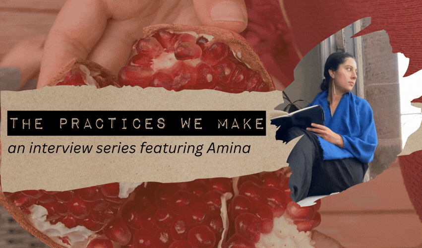 Collage-style banner featuring a close-up of a split pomegranate with red seeds and a photo of Amina seated by a window reading a notebook, wearing a blue wrap.