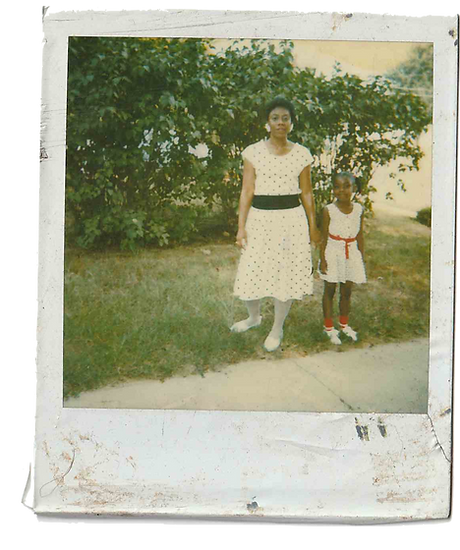 Polaroid of Chicago artist Jenn Freeman | Po'Chop and her mom. Wearing matching polka dresses on a green lot in Missouri