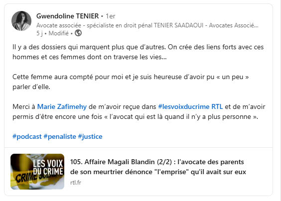 Post LinkedIn de Me Gwendoline TENIER
