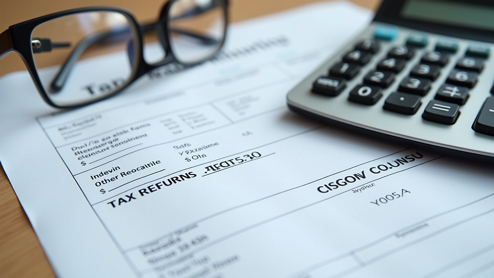 Eye-level view of a tax return form with a calculator and glasses