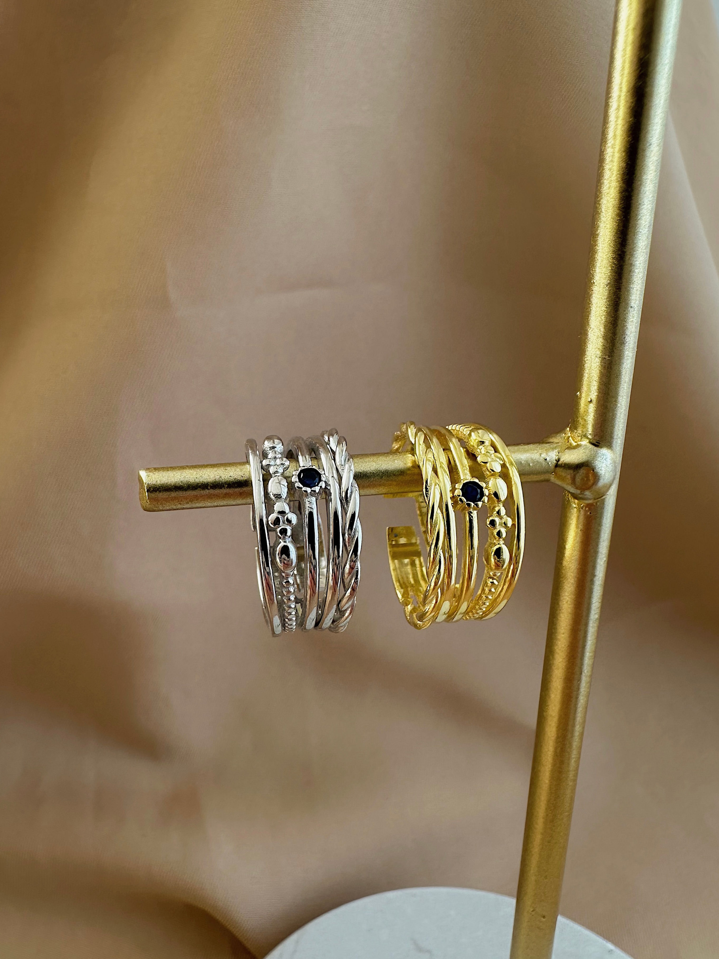 Mavi Taşlı Beşli Yüzük | 925 Gümüş