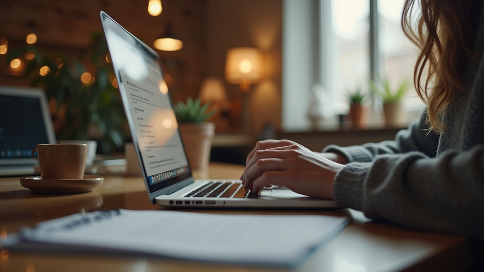 Eye-level view of a small business owner working on a laptop in a cozy workspace