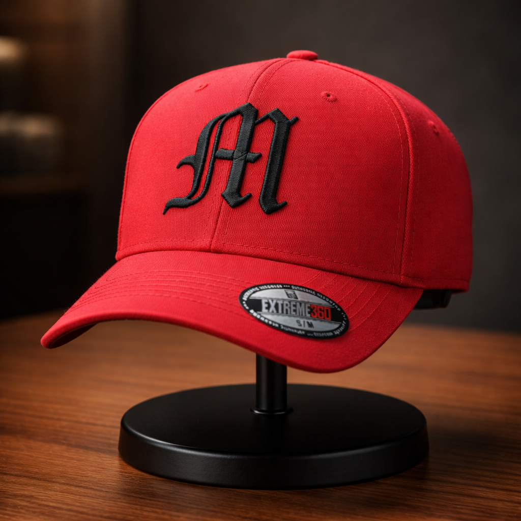 Red flexfit fitted cap with embroidered M