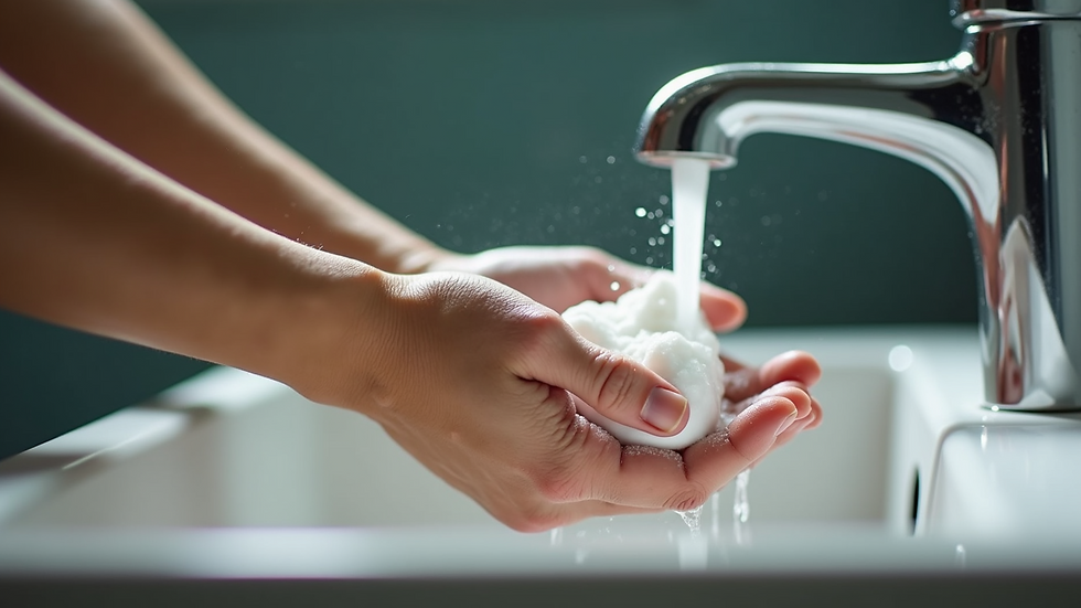 Close-up view of hands washing with soap under running water