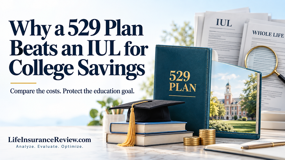 Ad compares 529 plan vs IUL for college savings, with books, cap, coins, documents, campus photo, and LifeInsuranceReview.com.