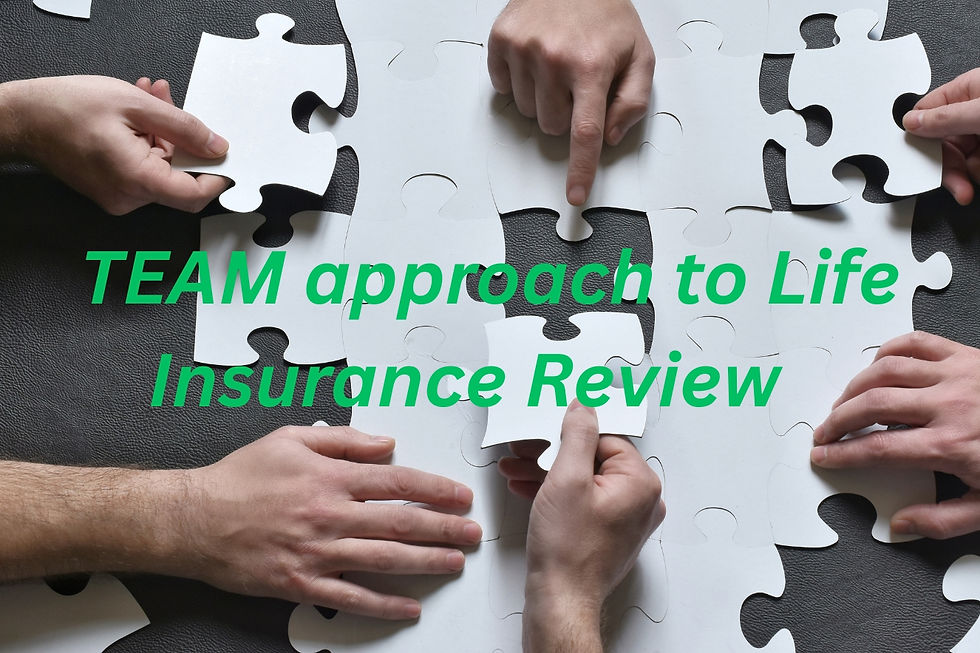 Hands assembling white puzzle pieces on a black surface. Green text reads, "TEAM approach to Life Insurance Review." Collaborative vibe.