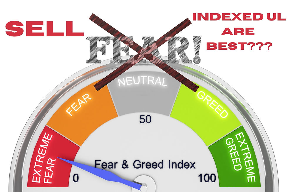 Fear & Greed Index gauge showing extreme fear in red. Text: Sell, Indexed UL are best??? Crossed out "FEAR!" in background.
