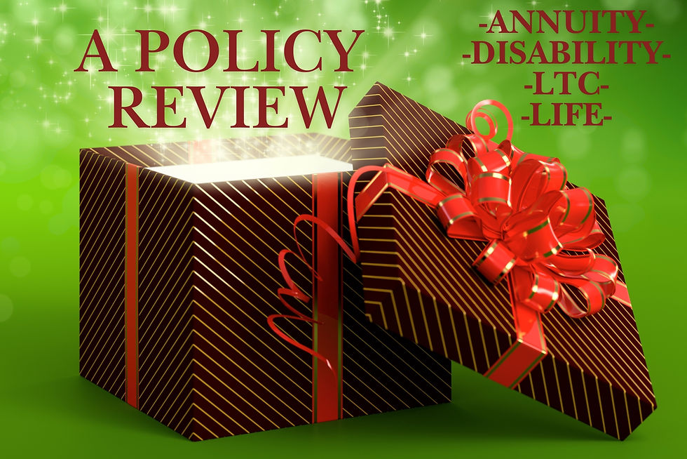 Open gift box with red stripes and bow on a green, sparkling background. Text: "A POLICY REVIEW" and "-ANNUITY- -DISABILITY- -LTC- -LIFE-".