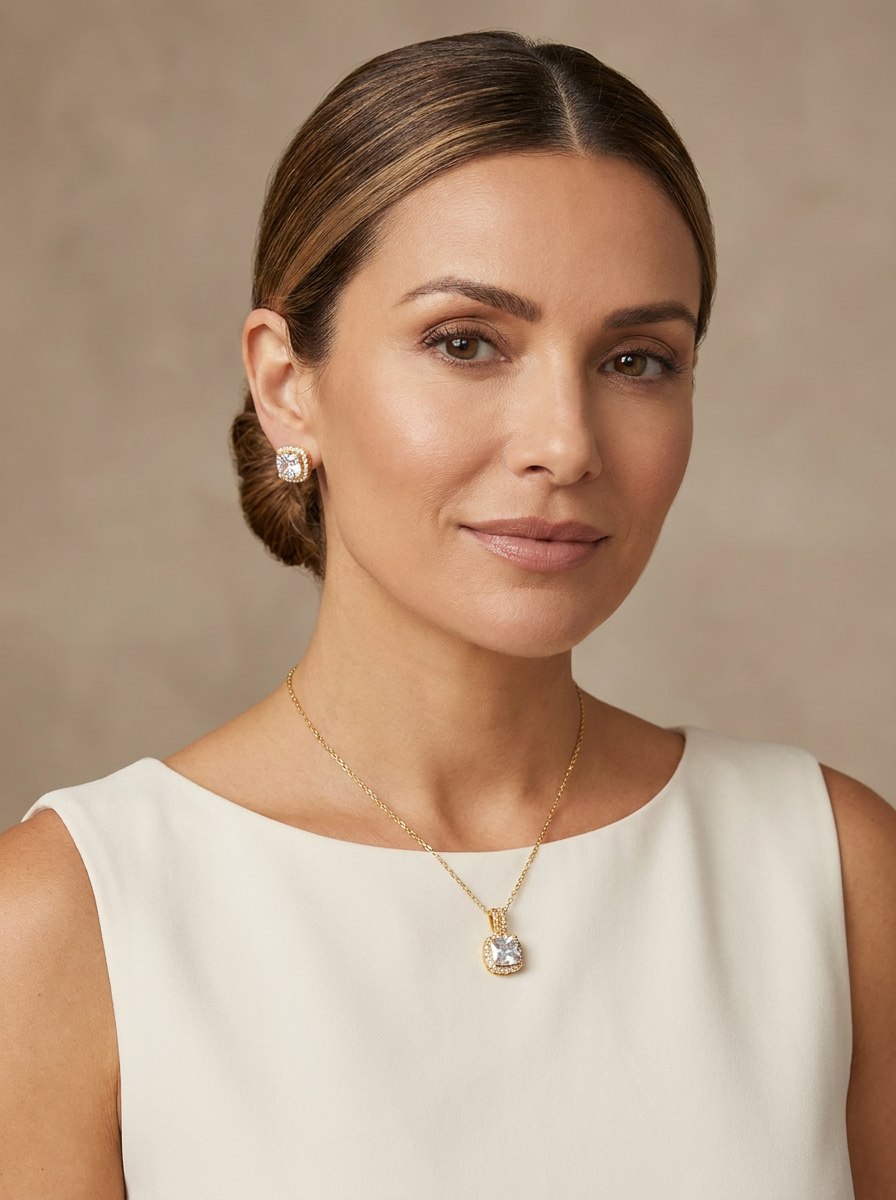 Radiant Cushion Halo Jewelry Set