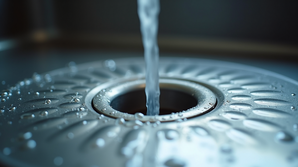 a kitchen sink drain with visible water flow