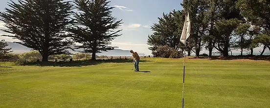 A man playing golf in a golf course.
